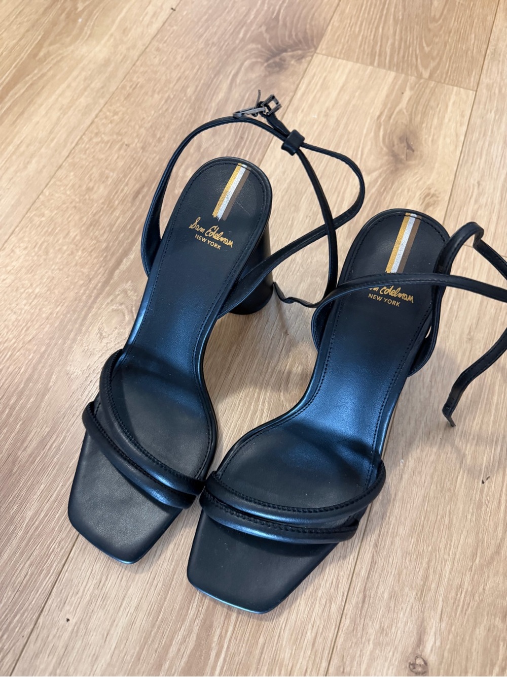 Sam Edelman Black Leather Square-Toe Strappy Heels